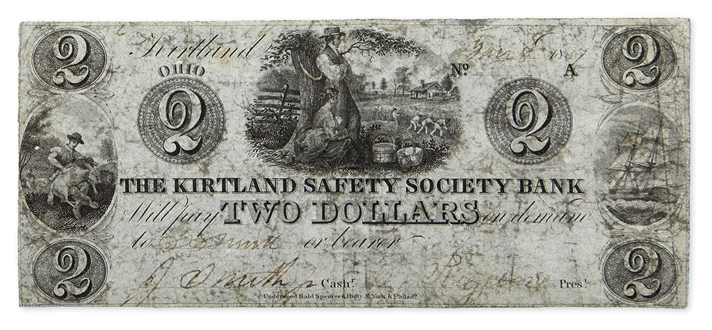 (MORMONS--CURRENCY.) $2.00 obsolete banknote issued by the Kirtland Safety Society Bank.